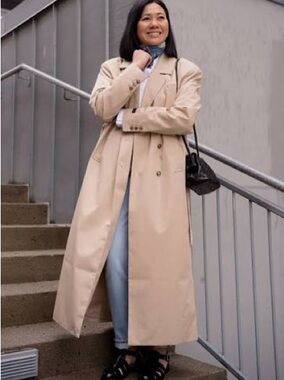 Women's Beige Long Trench Coat - Elegant Double-Breasted Overcoat